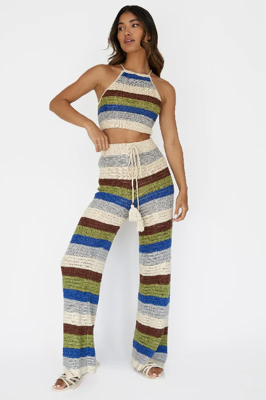 Dream Believer Crochet Pants Stripe Blue Multi Comfortable Fleece Pants