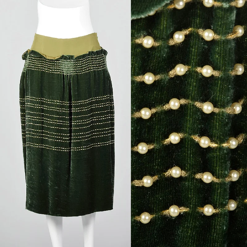 1990s Green Velvet Skirt with Beads lace skirt intricate
