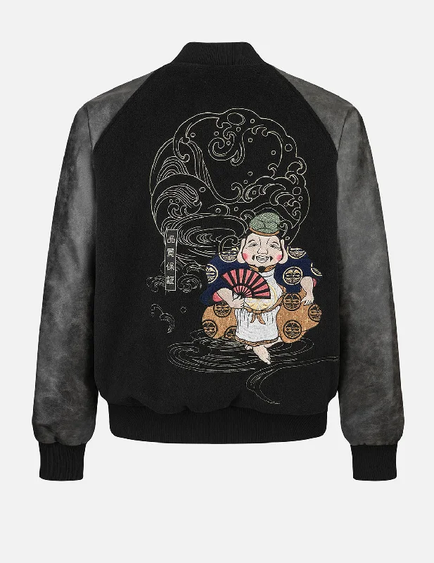 Ebisu and Seagull Embroidery Relax Fit Padded Varsity Jacket Nylon Fabric Polyester Fabric Spandex Fabric