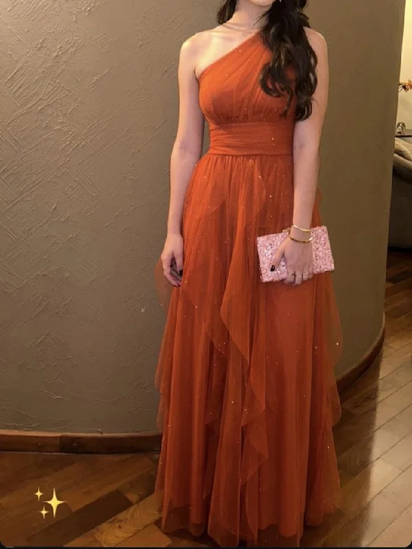 Sparkly One Shoulder Tulle Party Dress Orange A Line Prom Evening Dress cc1581 Tunics Bestseller popular