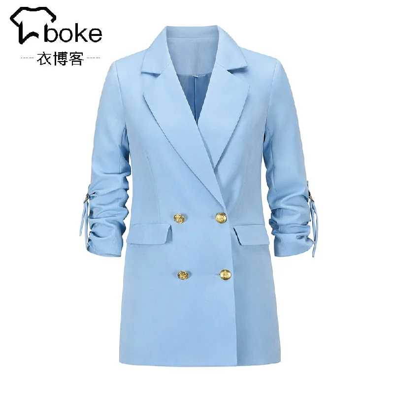 2022 Women Autumn Office Blazer  Elegant Blue Double-Breasted Button Casual Jacket Black Loose Large Size Ladies Streetwear Front Pockets Side Pockets Patch Pockets