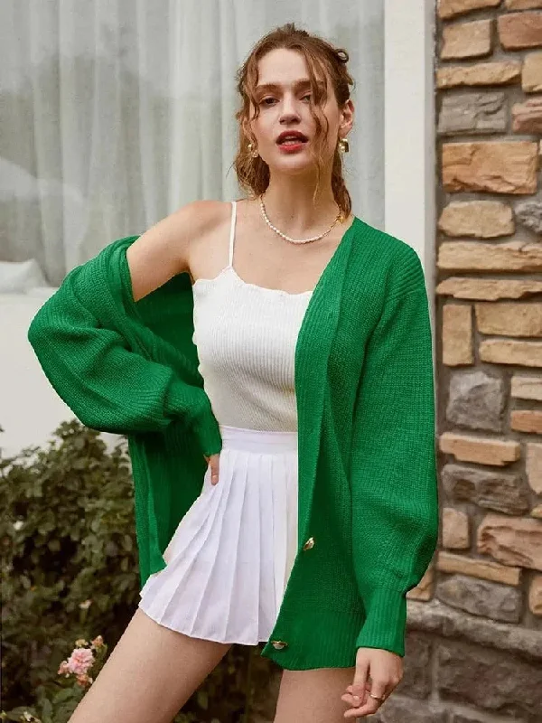 Lantern Sleeves Cardigan Sweaters Chenille Blend Fleece Blend Nylon Blend