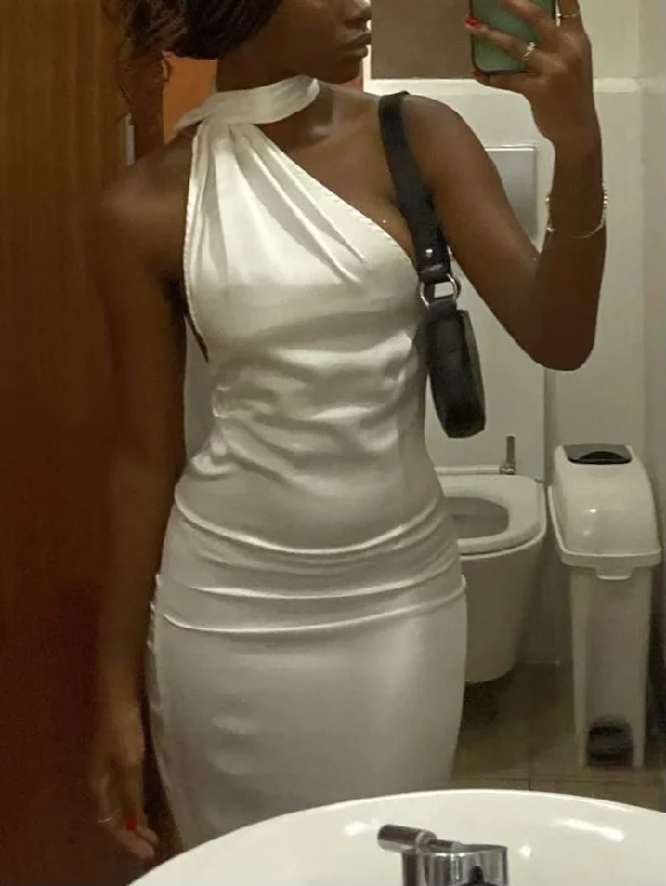 White Halter Sheath Satin Long Party Dress Simple Evening Dress, DP4586 Tunics Satin smooth
