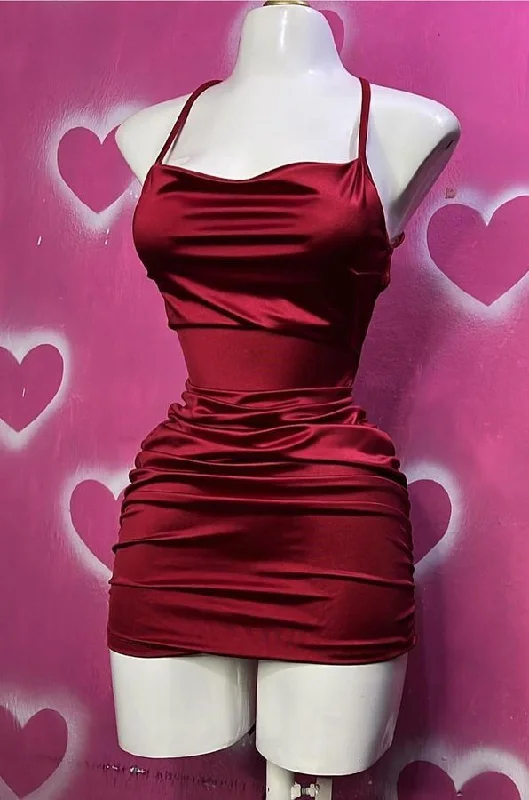 Wine Red Straps Sheath Satin Short Party Dress Homecoming Dress, DP4098 Off-the-shoulder Chic Trendy