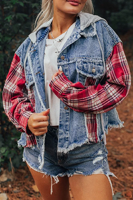 Beau Blue Plaid Print Patchwork Hooded Raw Hem Denim Jacket Embroidered Jacket Appliqued Jacket Beaded Jacket