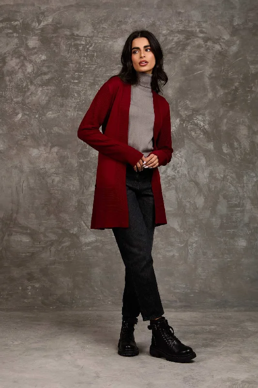 Women Regular Fit Cardigan - Red Patchwork Embroidered Appliqued