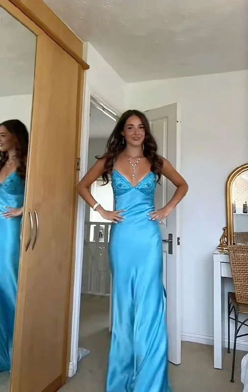 Blue Straps V Neck Satin Long Formal Party Dress Wedding Guest Dress, DP4046 Tunics Fall fleece