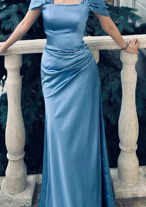 Modest Blue Off Shoulder Sheath Satin Long Party Dress, DP4179 Tunics Custom made