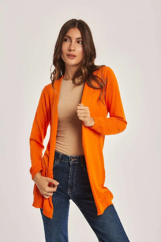 Women Regular Fit Cardigan - Celosia Orange Chenille Blend Fleece Blend Nylon Blend