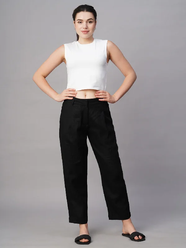 Women's Black Linen Regular Fit Pant Soft Stretch Pants