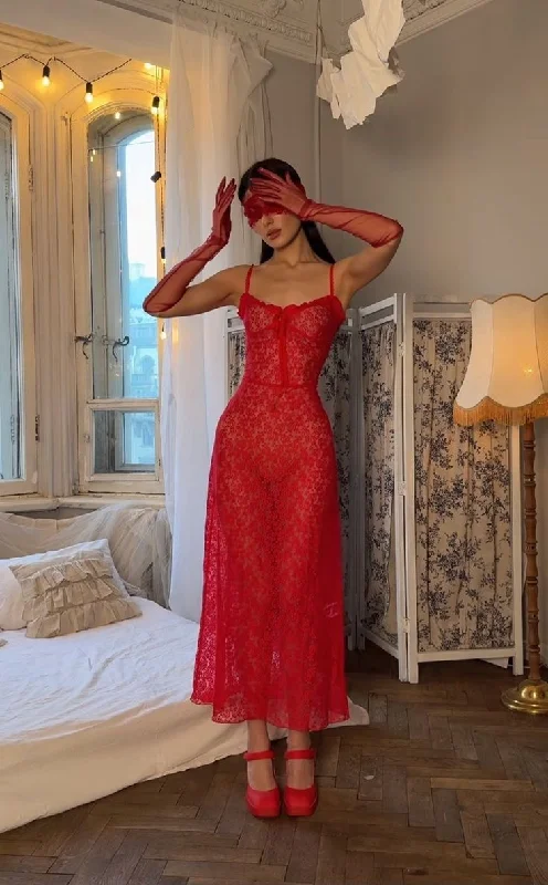 Sexy Red paghetti Straps A-Line Lace Long Party Dress, DP4249 Tunics Silk luxurious