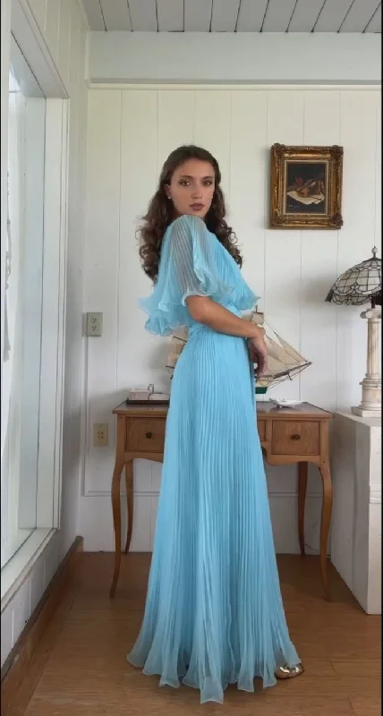Elegant Blue A-Line Pleated Chiffon Vintage Long Party Dress Birthday Outfits, DP4443 Tunics Top rated Elegant Blue A-Line Pleated Chiffon Vintage Long Party Dress Birthday Outfits, DP4443 Tunics Top rated