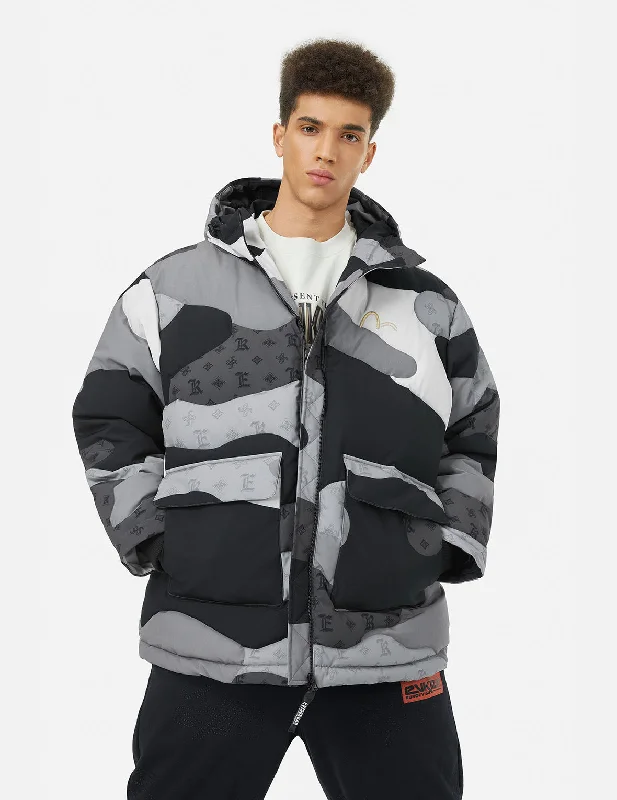 Quilted Camouflage Panels and Allover Logo Print Loose Fit Down Jacket Chenille Fabric Brocade Fabric Lace Fabric