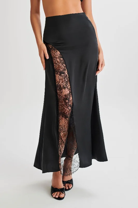 Luella Satin Lace Maxi Skirt - Black floral skirt print