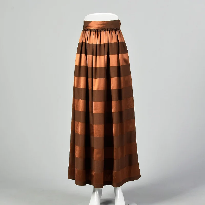 XS Brown Striped Maxi Skirt silk skirt lustrous