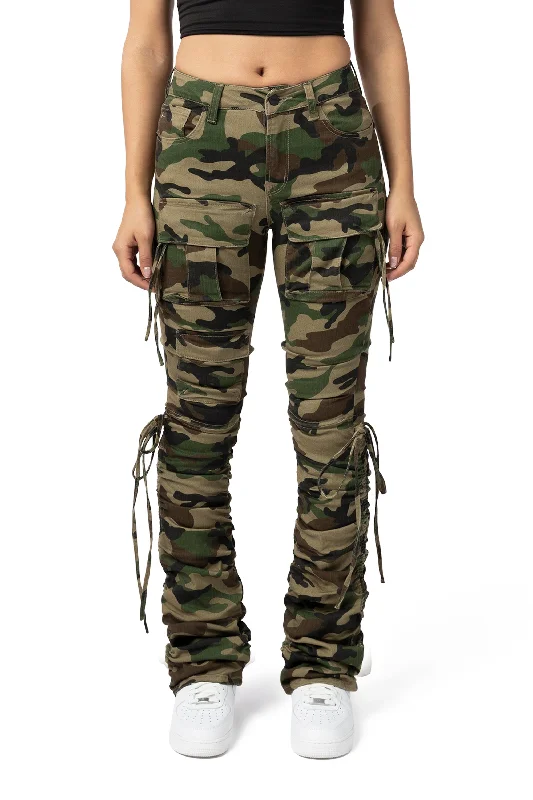 High Rise Bootcut Strap Twill Pants - Wood Camo Casual Sweatpants Style