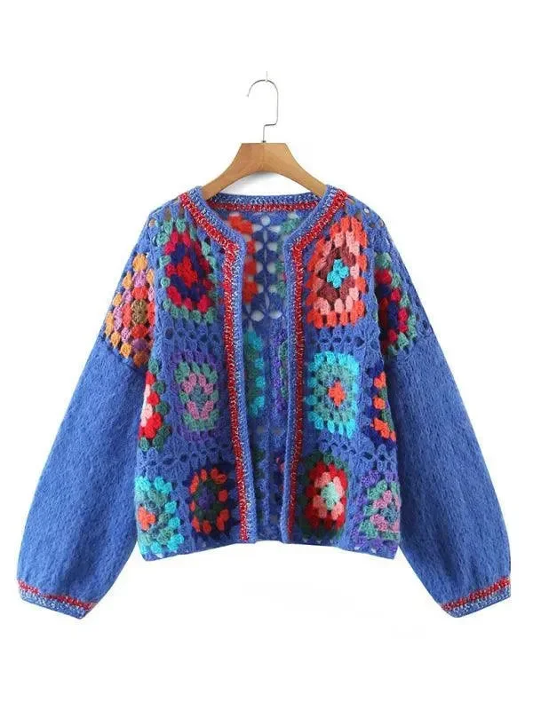 Loose Crochet  Women Cardigan Sweater Embroidered Appliqued Beaded