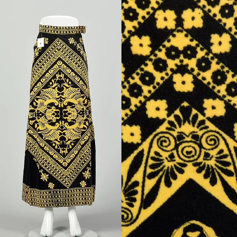 XXS 1970s Mr. Dino Velveteen Skirt Gold Black Print Maxi linen skirt airy