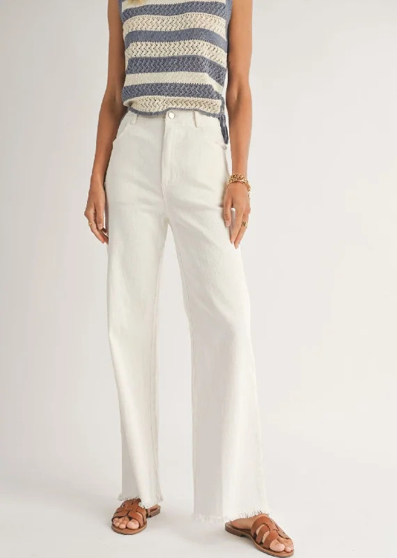 WHITE DENIM PANT WITH FRAYED HEM Slim Fit Casual Pants