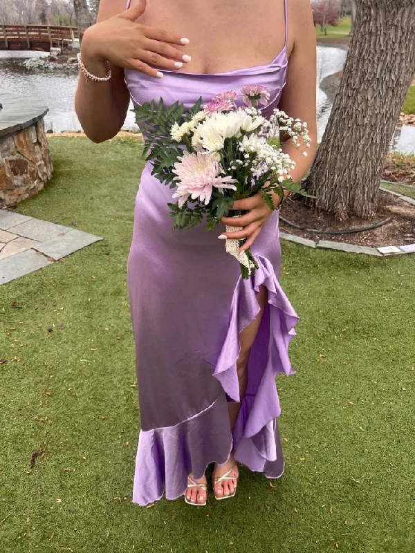 Purple Straps Ruffles Sheath Satin Long Party Dress Wedding Guest Dress, DP4093 Crew Neckline Sporty