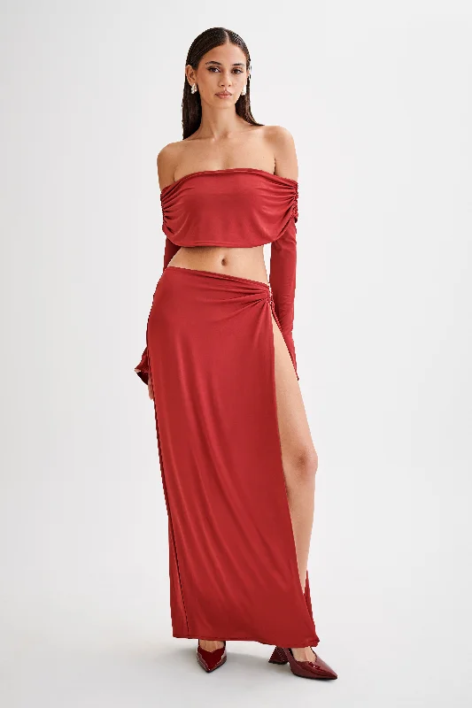 Suri Slinky Maxi Skirt With Silver Hardware - Cherry Red linen skirt light