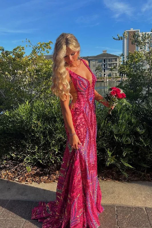 Luxurious Mermaid V Neck Fuchsia Sequins Prom Dress Formal Party Dress Evening Gown cc1533 Boat Neckline Classic