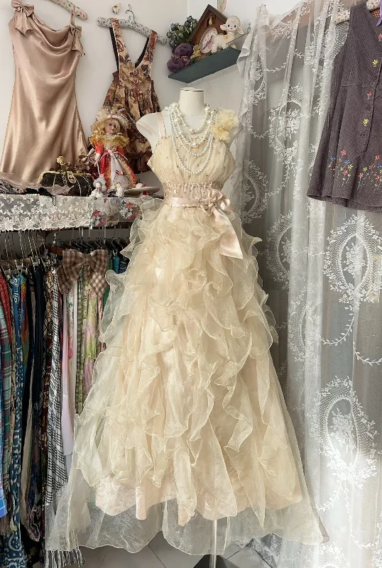 Champagne Straps A-Line Beading Organza Vintage Long Party Dress, DP4460 Tunics Travel practical Champagne Straps A-Line Beading Organza Vintage Long Party Dress, DP4460 Tunics Travel practical
