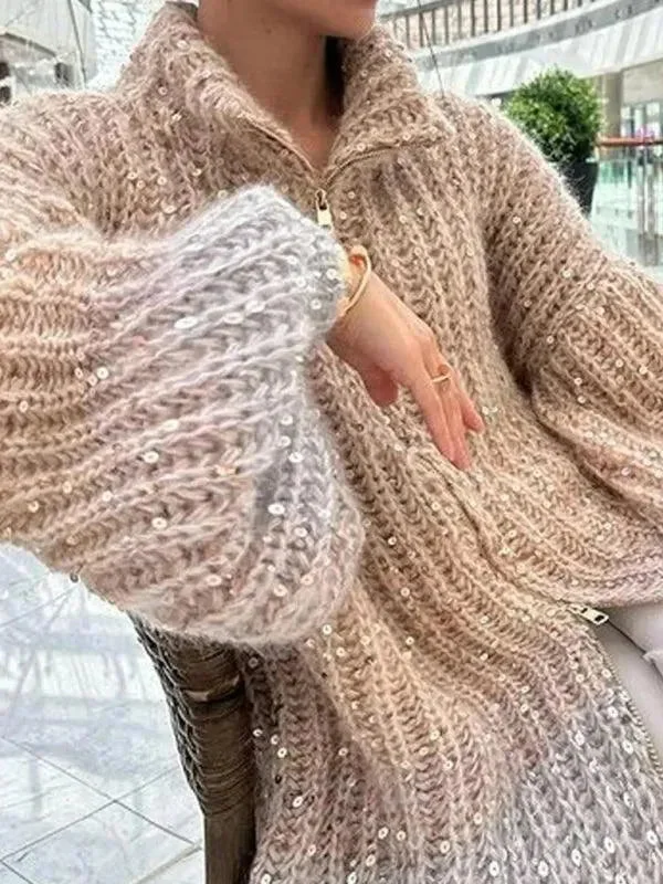 Sequined V-neck Cardigan Sweater Layered Multi-layer Single Layer