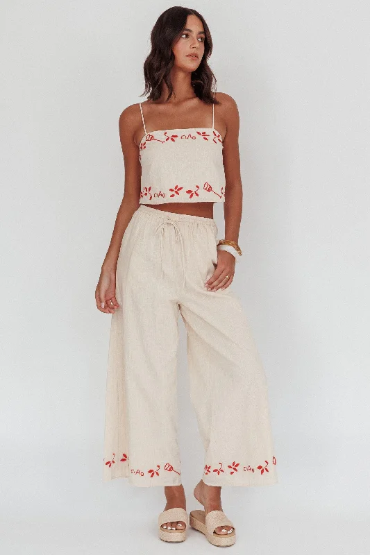 Sorrento Summer Embroidered Wide-Leg Pants Oat Casual Track Pants