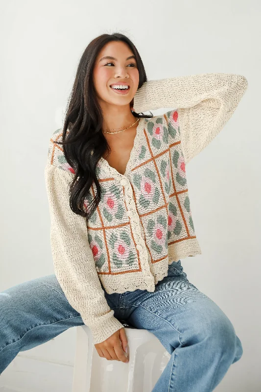 FINAL SALE - Ultimate Sweetness Ivory Floral Sweater Cardigan Cashmere Blend Cotton Blend Poly Blend