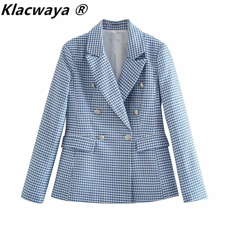 Klacwaya Women 2022 Blazer Plaid Printing Double-Breasted Long Sleeve Coat Ladies Office Blazers Casual Suit Women Jacket Wool Jacket Cashmere Jacket Tweed Jacket