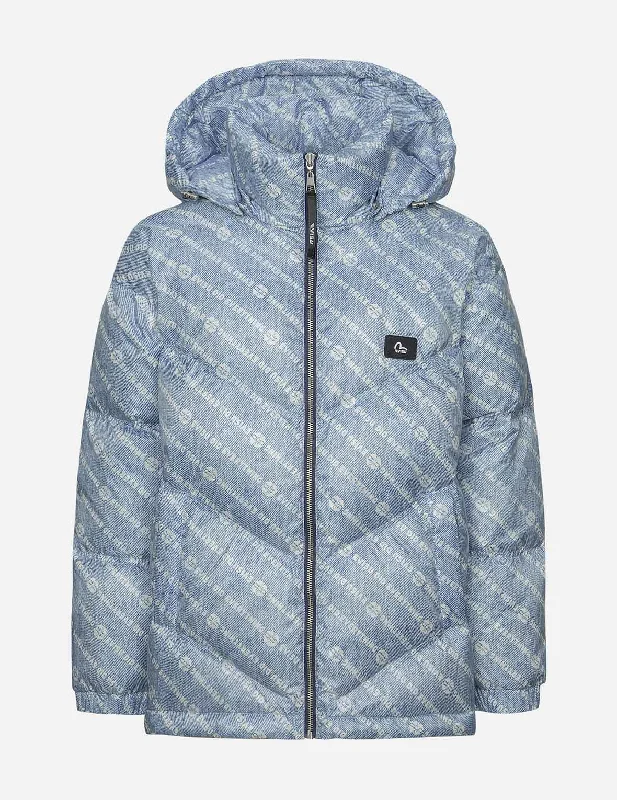 Allover Slogan and Kamon Print Fashion Fit Down Jacket with Detachable Hood Zippered Jacket Buttoned Jacket Snapped Jacket Allover Slogan and Kamon Print Fashion Fit Down Jacket with Detachable Hood Zippered Jacket Buttoned Jacket Snapped Jacket