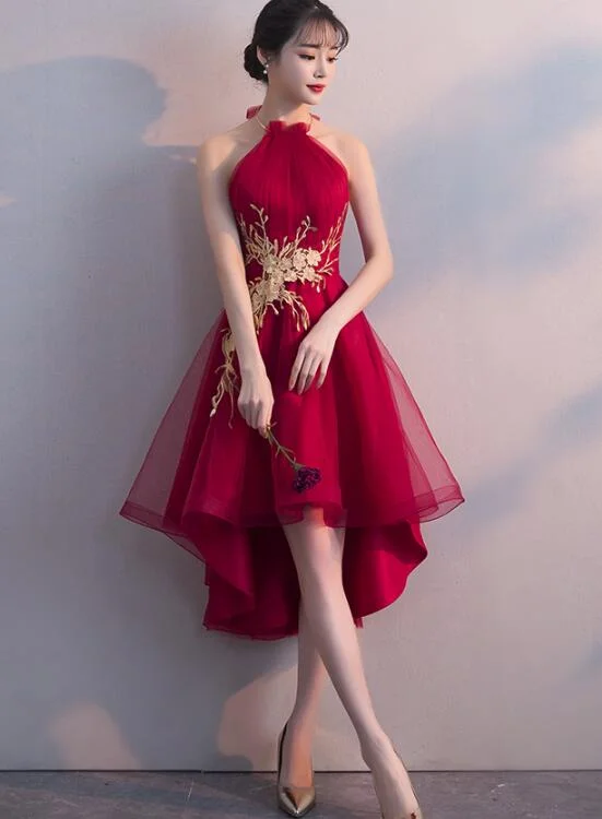 Wine Red Halter High Low Stylish Homecoming Dresses, Red Formal Dress, Pretty Party Dress Tunics Hiking breathable Wine Red Halter High Low Stylish Homecoming Dresses, Red Formal Dress, Pretty Party Dress Tunics Hiking breathable