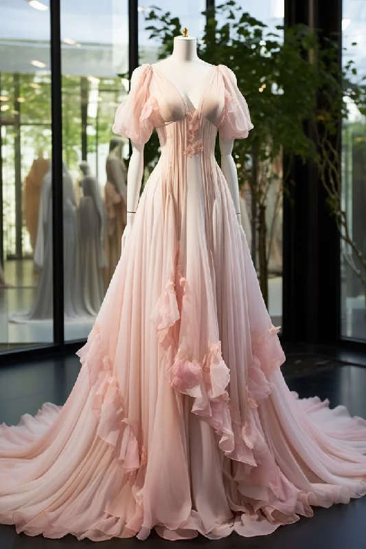 Pink A-Line Puffy Sleeves Ruffles Chiffon Long Formal Evening Party Dress, DP4449 Tunics Modern contemporary
