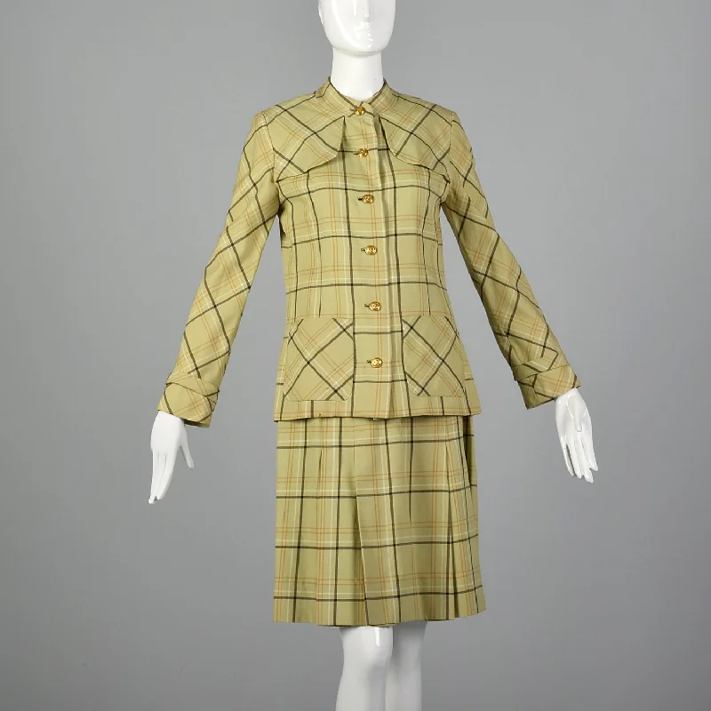 Small 1960s Joan Leslie by Kasper Light Green Plaid Skirt Set denim skirt fashionable