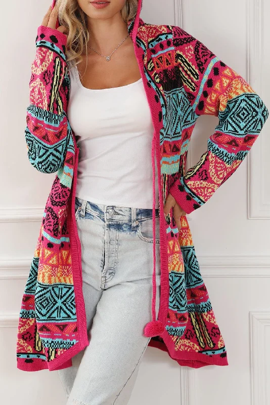 Boho Rose Aztec Patchwork Hooded Cardigan with Pom Pom Trim Machine Wash Dry Clean Hand Wash