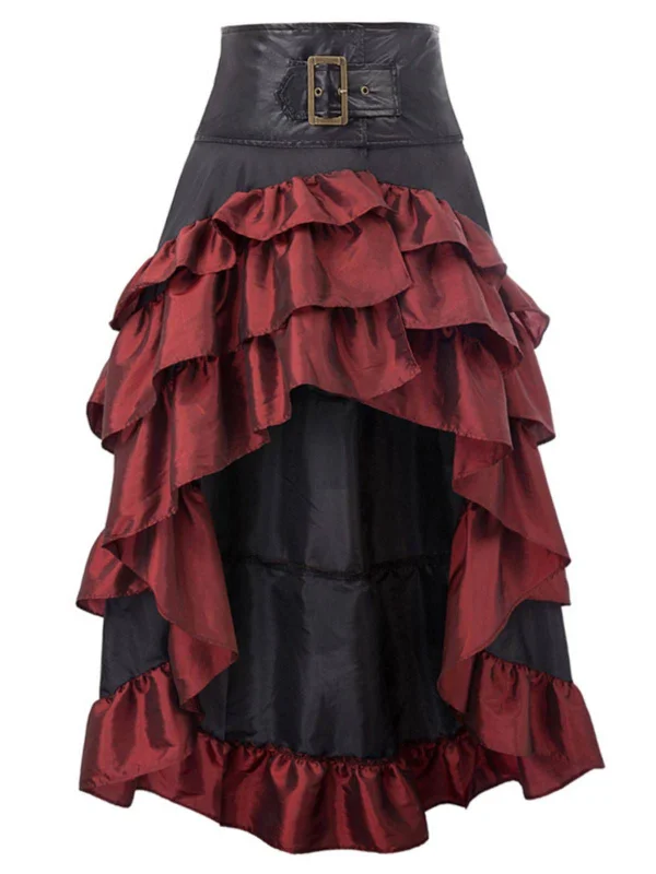 Red Ruffle Patchwork Irregular Skirt denim skirt trendy