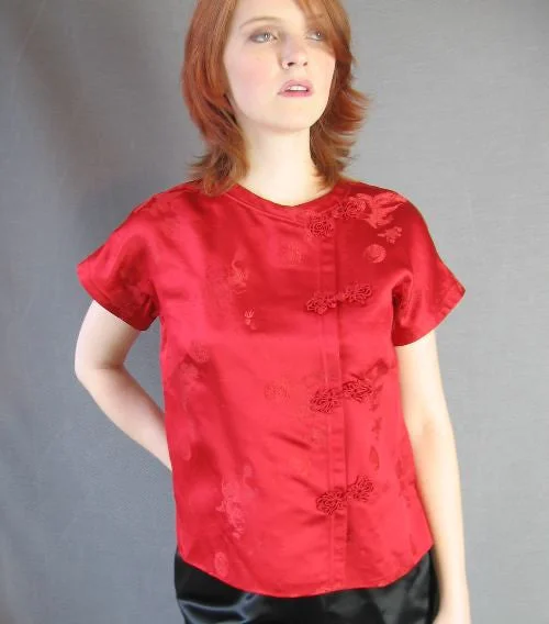 60s Asian Hostess Pajamas Outfit Women's Qipao Top Pants Vintage Satin M/L VFG Fashionable Sporty Pants