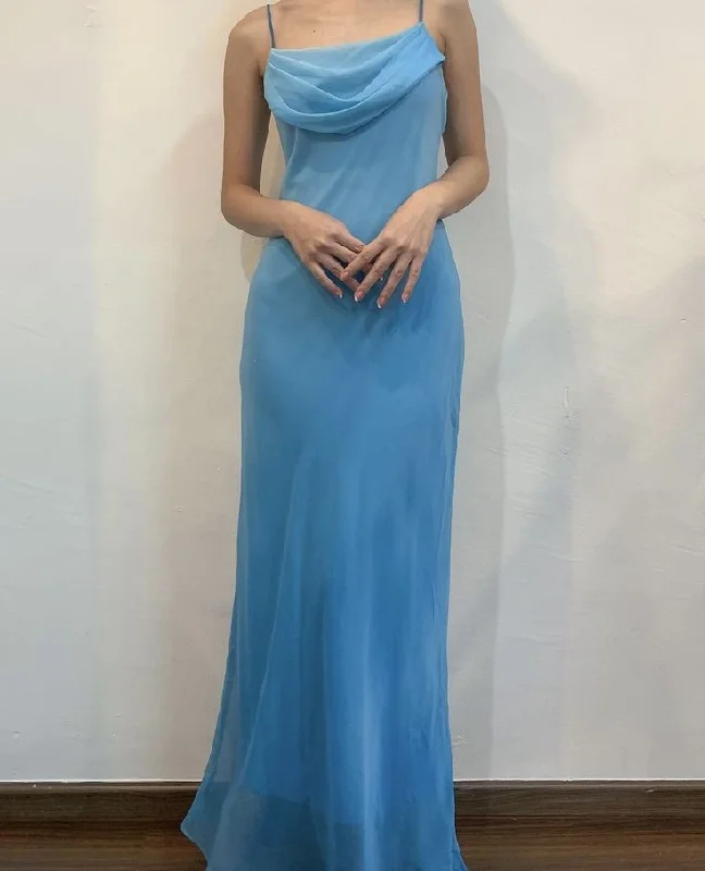 Blue Ombre Straps Chiffon Vintage Long Party Dress Formal Evening Dress, DP4608 Boat Neckline Classic