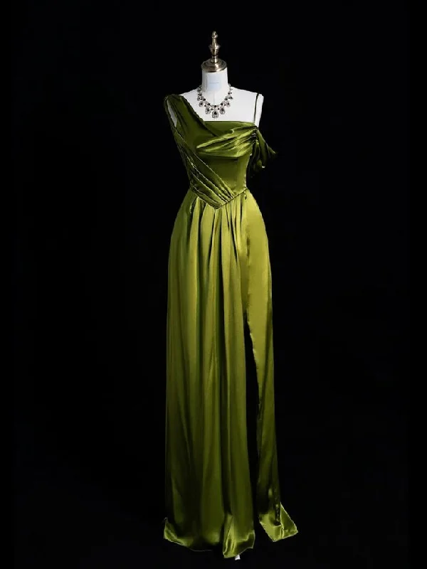 Lovely Green Satin One Shoulder Prom Dress A-line Slit Party Dress cc2189 Tunics Short Trendy