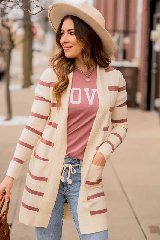 Striped Butter Soft Tunic Cardigan -Cream Anti-Pilling Anti-Shrink Durable