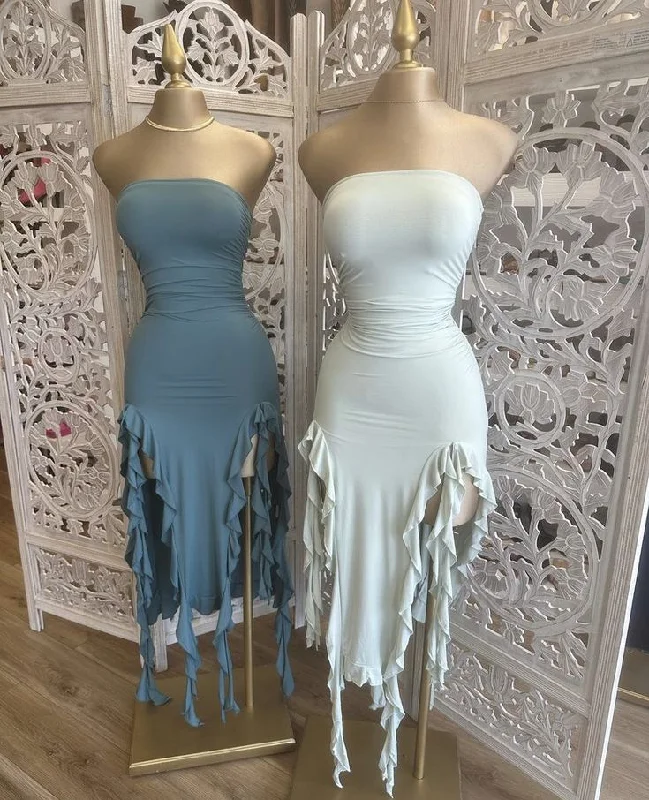 White Strapless Sheath Ruffles Long Party Dress Wedding Guest Dress, DP4422 Satin Halter Glamorous White Strapless Sheath Ruffles Long Party Dress Wedding Guest Dress, DP4422 Satin Halter Glamorous