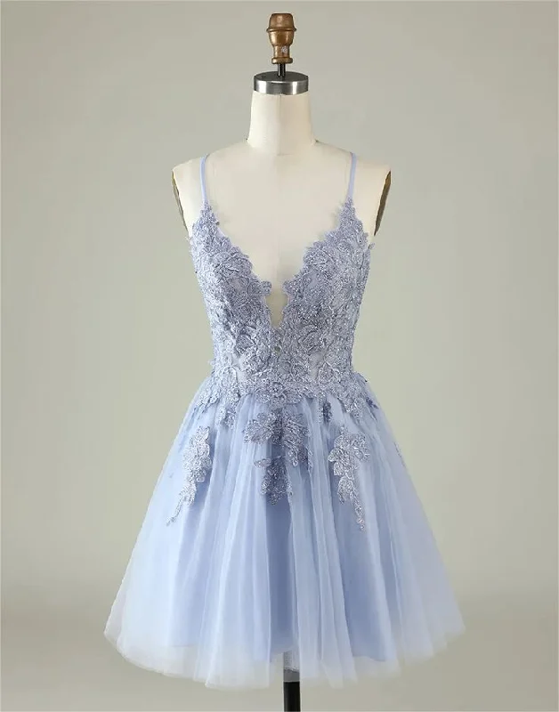 Spaghetti Straps Tulle Appliques Short Backless Prom Dress Party Dress cc1778 Crew Neckline Casual