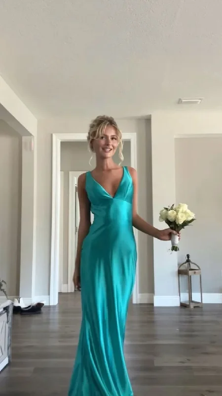 Elegant Sleeveless Mermaid Satin Long Prom Dress V Neck Party Dress cc1593 Tunics Vintage classic