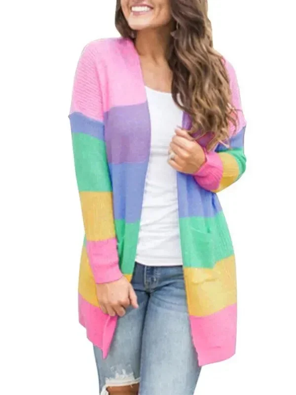 Loose Contrasting Striped Knit Cardigan Sweater Polka Dot Checkered Tartan