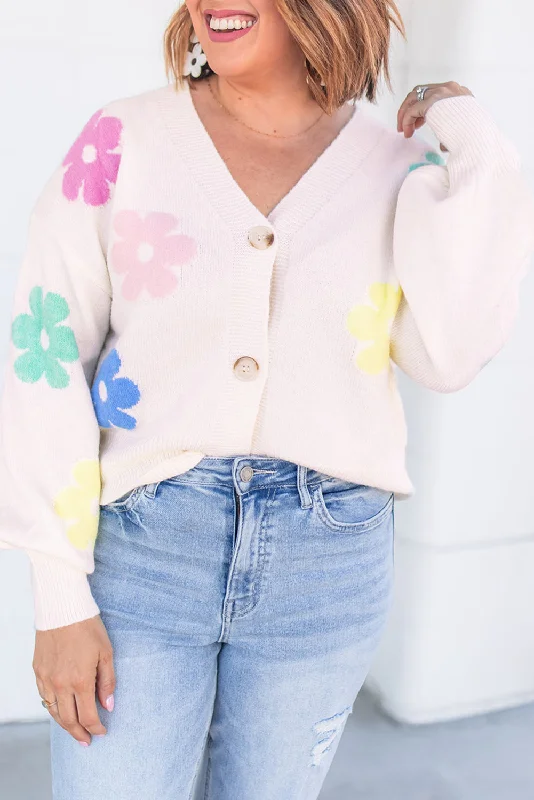 Beige Floral Pattern V Neck Buttoned Plus Size Cardigan Striped Floral Plaid