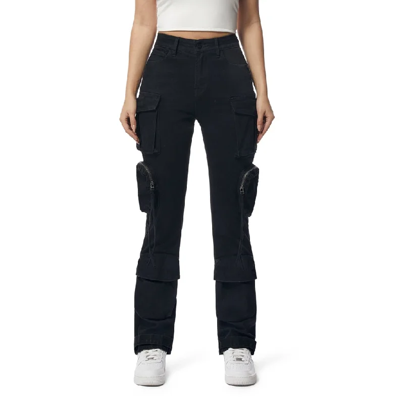 High Rise Straight Leg Pigment Dyed Utility Twill Pants - Black Soft Cotton Pants