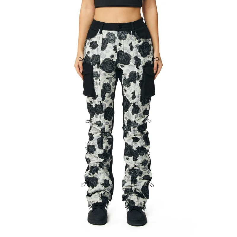 High Rise Stacked Flower Twill Pants - Black Modern Bootcut Pants