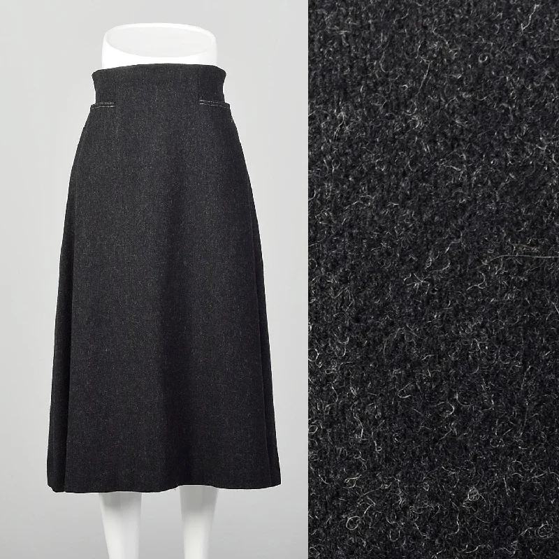 Small 1960s Mod Gray Wool Midi Skirt High Waist A Line Topstitch with Pockets breathable skirt fabric