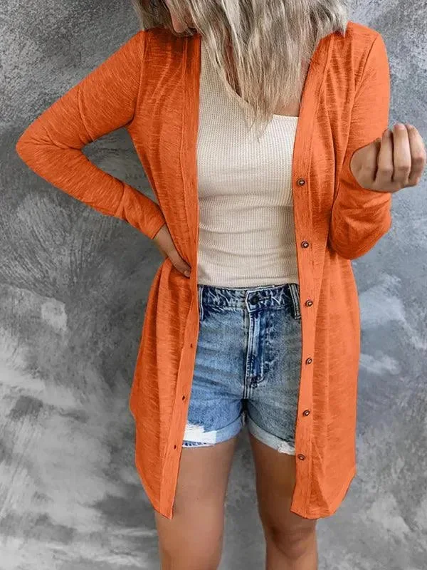 Long Button Women Cardigan Sweater Crew Neck V-Neck Turtle Neck